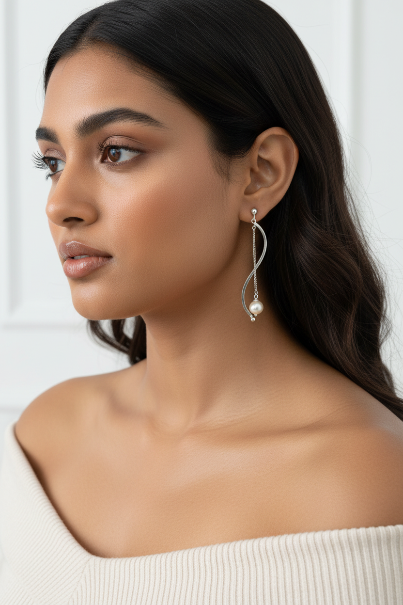 S-Curve Pearl Earrings — Model 3, Studio Editorial