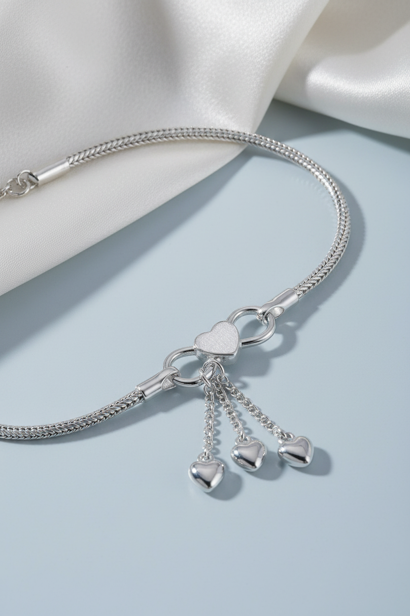 Sleek Sterling Silver Heart Dangle Anklets Editorial