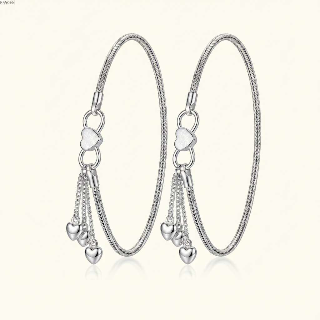Sleek Sterling Silver Heart Dangle Anklets