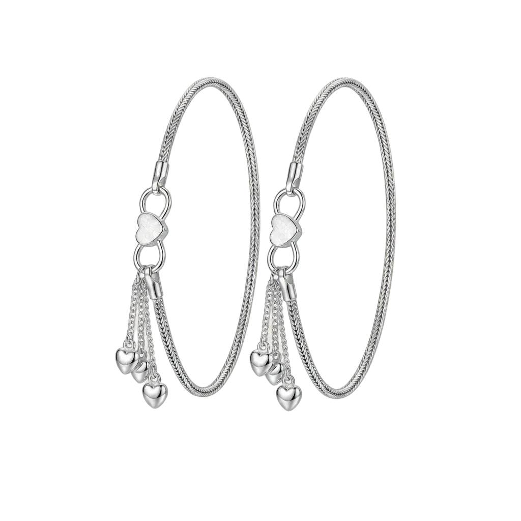 Sleek Sterling Silver Heart Dangle Anklets