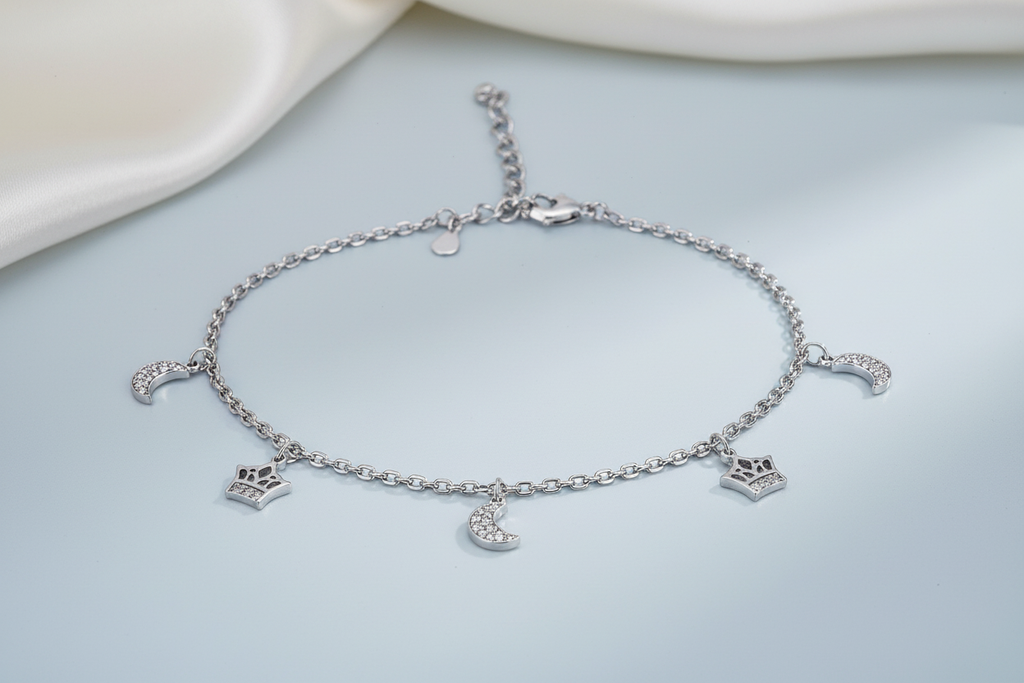 Sterling Silver Moon and Crown Charm Anklet Editorial Shot