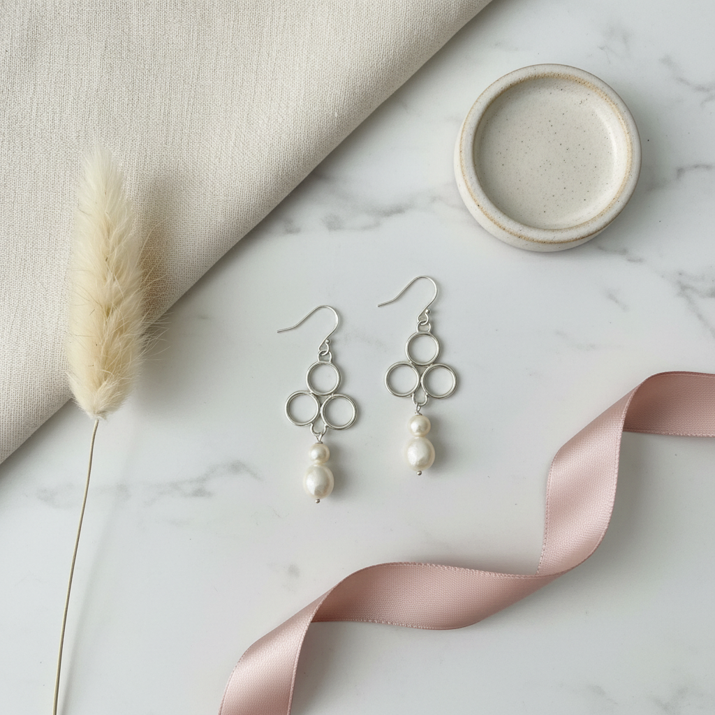 Sterling Silver Pearl Drop Earrings — Editorial Flat Lay