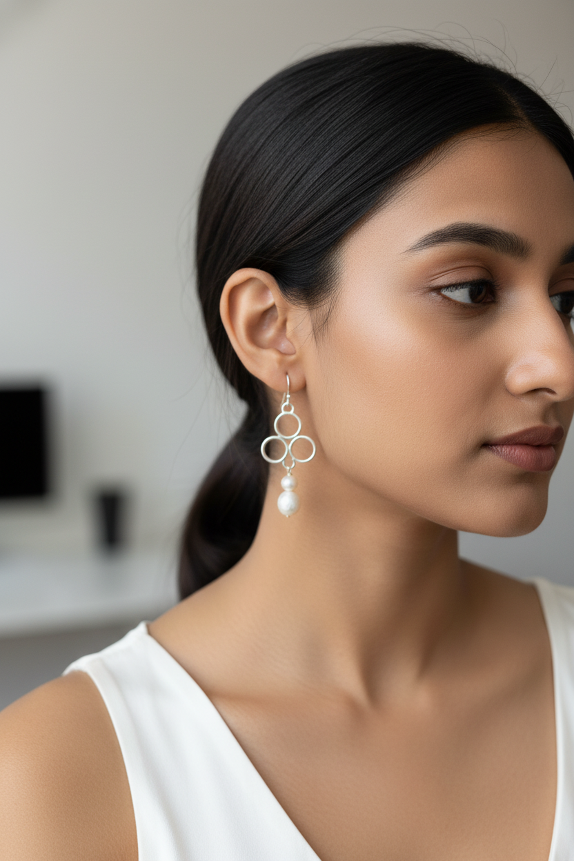 Sterling Silver Pearl Drop Earrings — Lifestyle Model Shot