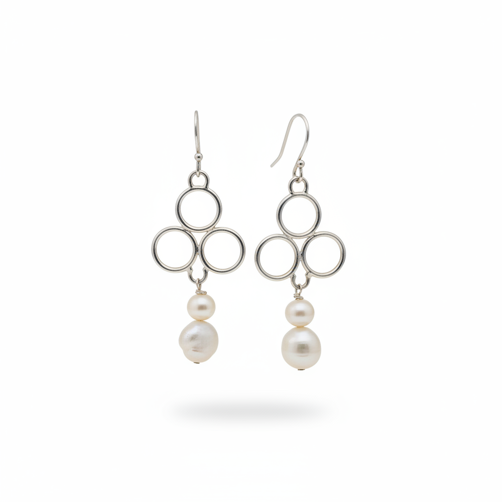 Sterling Silver Triple Circle Pearl Drop Earrings
